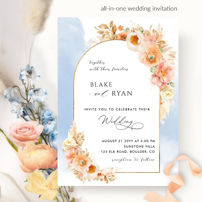 Elegant Floral Arch Peach Blush and Blue Wedding I Invitation (Creator Uploaded)