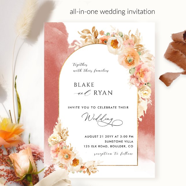 Elegant Floral Arch Peach Blush and Rust Wedding Invitation (Creator Uploaded)