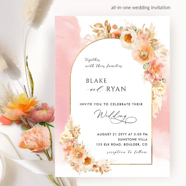Elegant Floral Arch Peach Blush Pink Coral Wedding Invitation (Creator Uploaded)