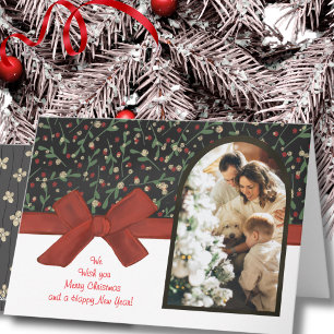 Elegant Floral Arch Photo Red Bow Christmas Holiday Card