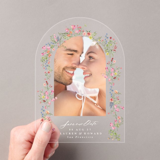 elegant floral arch photo wedding save our date acrylic invitations (Insitu (Handheld))