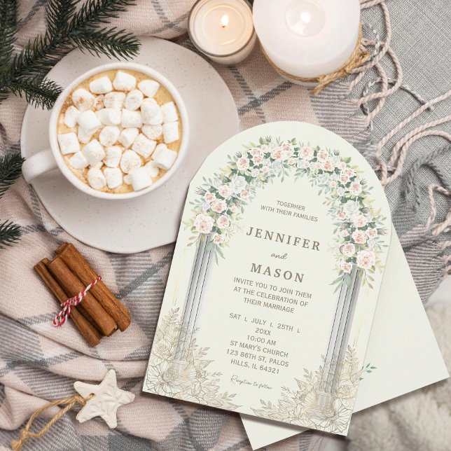 Elegant Floral Arch Wedding Invitation (Elegant Floral Arch Wedding Invitation #zazzlefinds #softcolorinvitation #goldandflowers #watercolor)