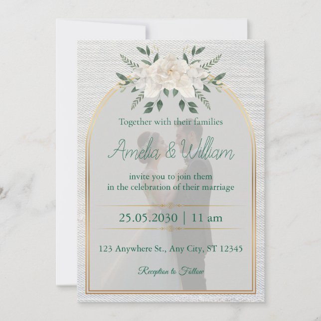 Elegant Floral Arch Wedding Invitation with Gold  (Front)