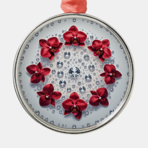 Elegant Floral Arrangement with Red Orchids Metal Ornament