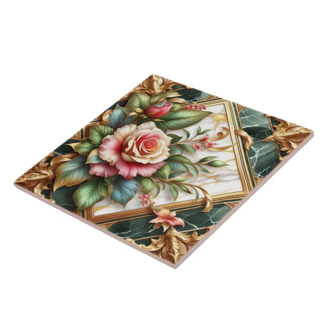 Elegant Floral Arrangement With Roses and Leaves Ceramic Tile (Side)