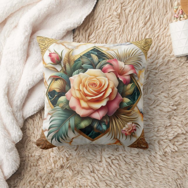 Elegant Floral Arrangement With Roses And Leaves Cushion (Blanket)