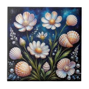 Elegant Floral Arrangement with Seashells Ceramic Tile