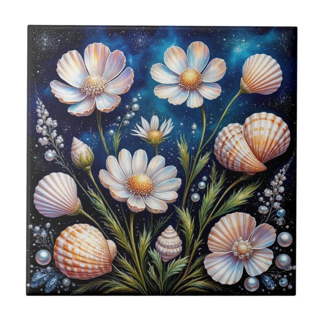 Elegant Floral Arrangement with Seashells Ceramic Tile (Front)