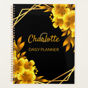 Elegant floral Autumn black & faux gold yellow Planner