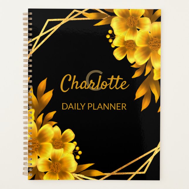 Elegant floral Autumn black & faux gold yellow Planner (Front)