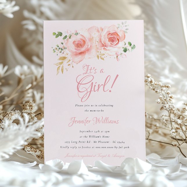 Elegant Floral Baby Shower - Pink and Gold Invitation (Creator Uploaded)