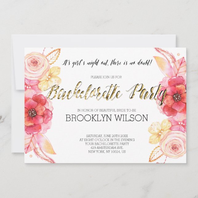 Elegant Floral Bachelorette Party Invite Gold Foil (Front)