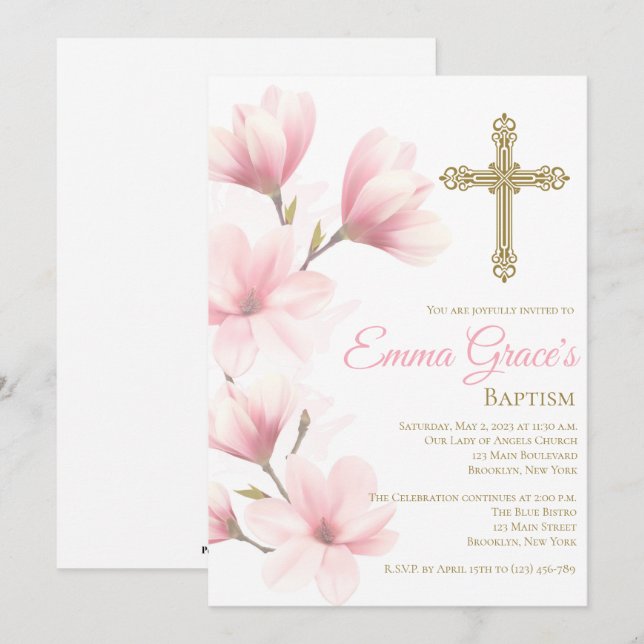 Elegant Floral Baptism Christening Invitation (Front/Back)