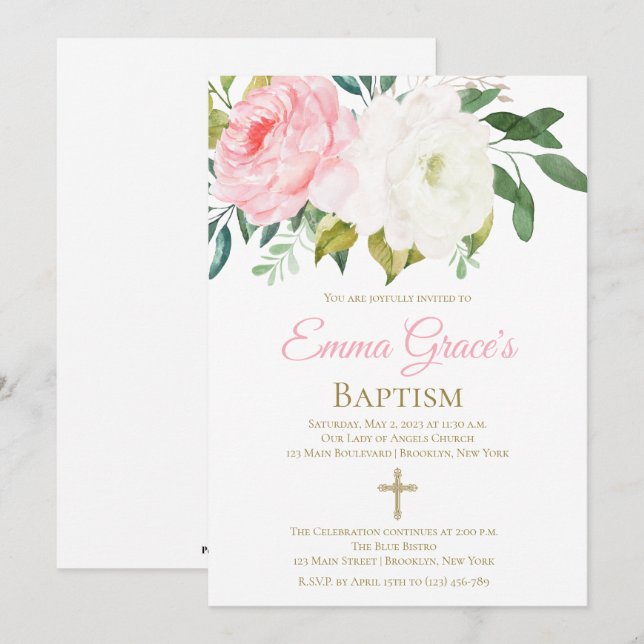 Elegant Floral Baptism Christening Invitation (Front/Back)