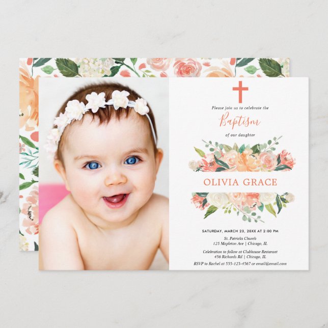 Elegant floral Baptism peach white cream girl Invitation (Front/Back)