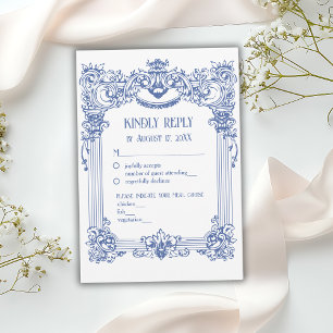 Elegant Floral Baroque Blue Column Wedding  RSVP Card