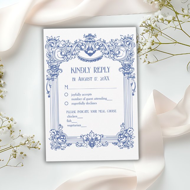 Elegant Floral Baroque Blue Column Wedding  RSVP Card (Creator Uploaded)
