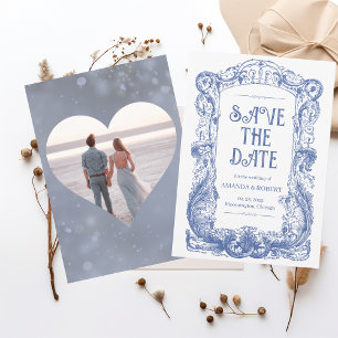 Elegant Floral Baroque Blue Column Wedding Save The Date