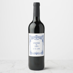 Elegant Floral Baroque Blue Column Wedding Wine Label