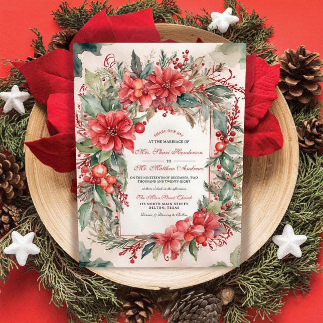 Elegant Floral Berries Christmas-Inspired Wedding Invitation (Creator Uploaded)