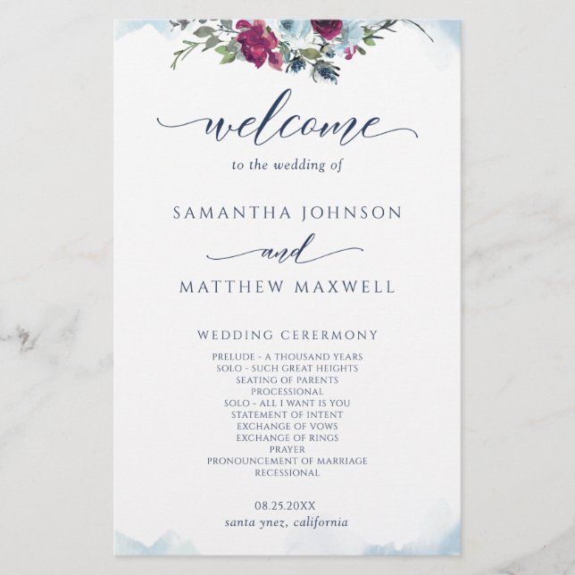 Elegant Floral Berry, Blue and Burgundy Wedding  (Front)