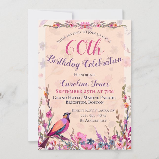 Elegant Floral Bird 60th Birthday Party Invitation (Front)