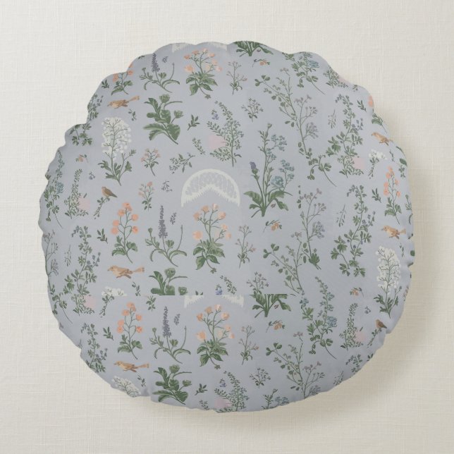 Elegant Floral Bird Pattern Round Cushion (Front)