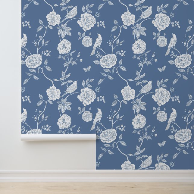 Elegant Floral Birds Blue Toile Wallpaper (Application)