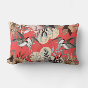 Elegant Floral, Birds Geometrics on Cherry Red Lumbar Cushion