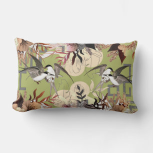 Elegant Floral, Birds Geometrics on Olive Green Lumbar Cushion