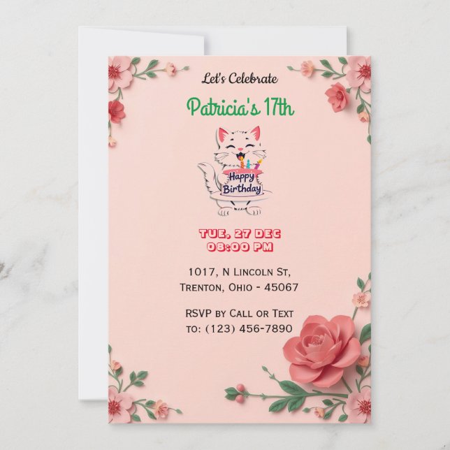 Elegant Floral Birthday Card with 3D Pink Blooms (Front)