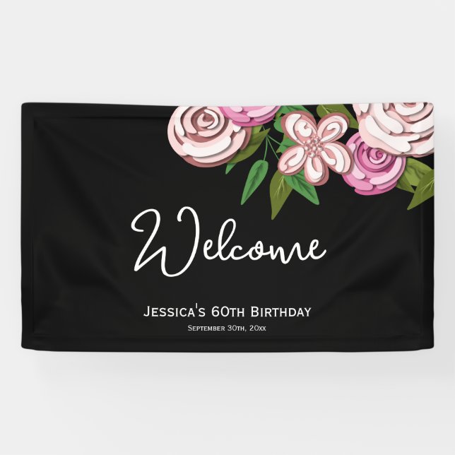 Elegant Floral Black 60th Birthday Welcome Banner (Horizontal)