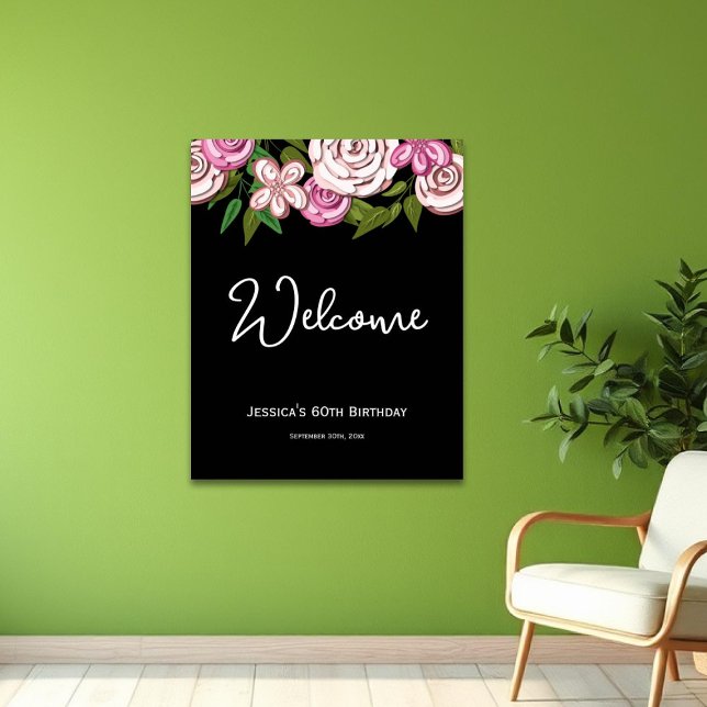 Elegant Floral Black 60th Birthday Welcome Poster (Creator Uploaded)