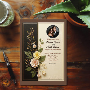 Elegant Floral Black and Cream Wedding Invitation