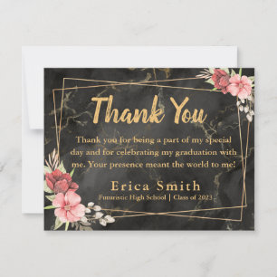 Elegant Floral Black And Gold Graduation Party Thank You Card