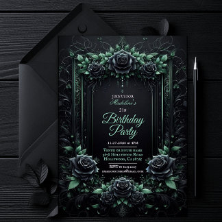 Elegant Floral Black and Green Party Invitation