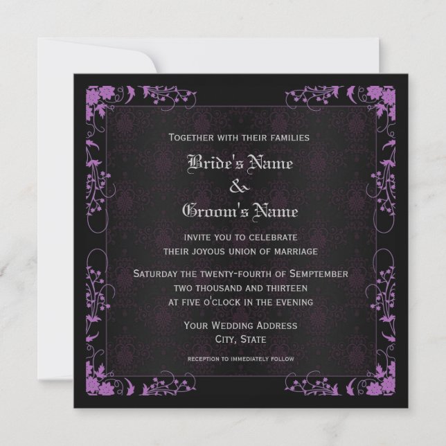 Elegant Floral Black and Purple Damask Wedding Invitation (Front)