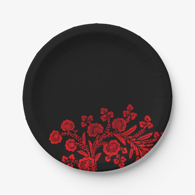 Elegant Floral Black and Red Paper Plate (Front)