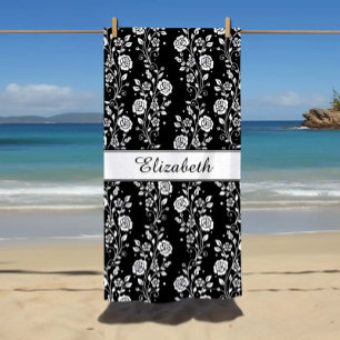 Elegant Floral Black And White Beach Towel