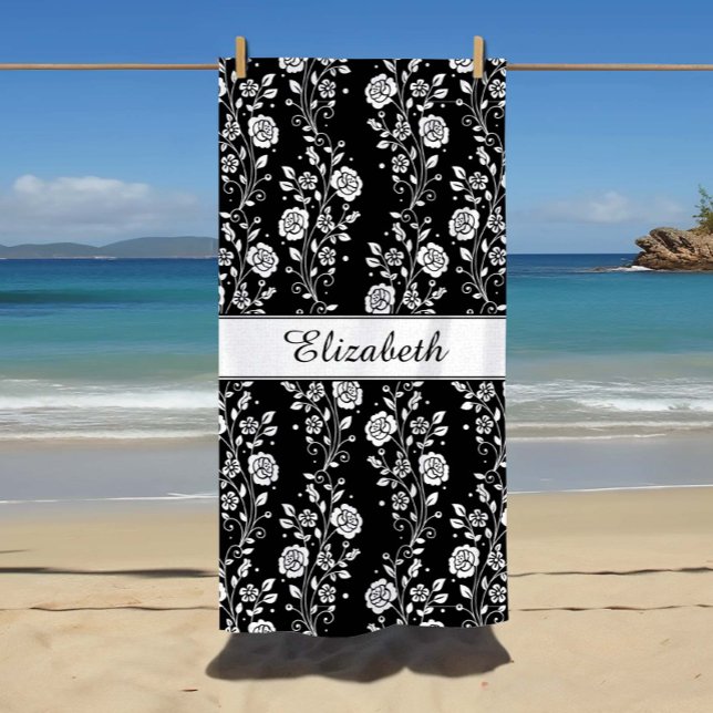 Elegant Floral Black And White Beach Towel (Custom Name Elegant Black & White Floral Beach Towel.)