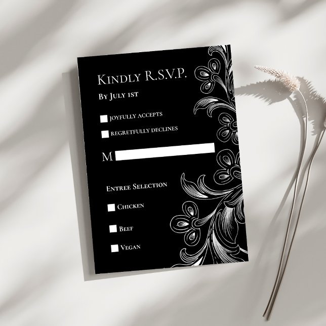 Elegant Floral Black and White RSVP Card (Black and White Floral Elegant Wedding RSVP Response Card)
