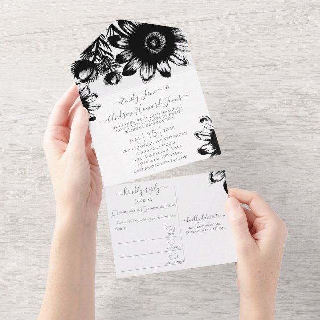 Elegant Floral Black and White Sunflower  All In One Invitation (Tearaway)