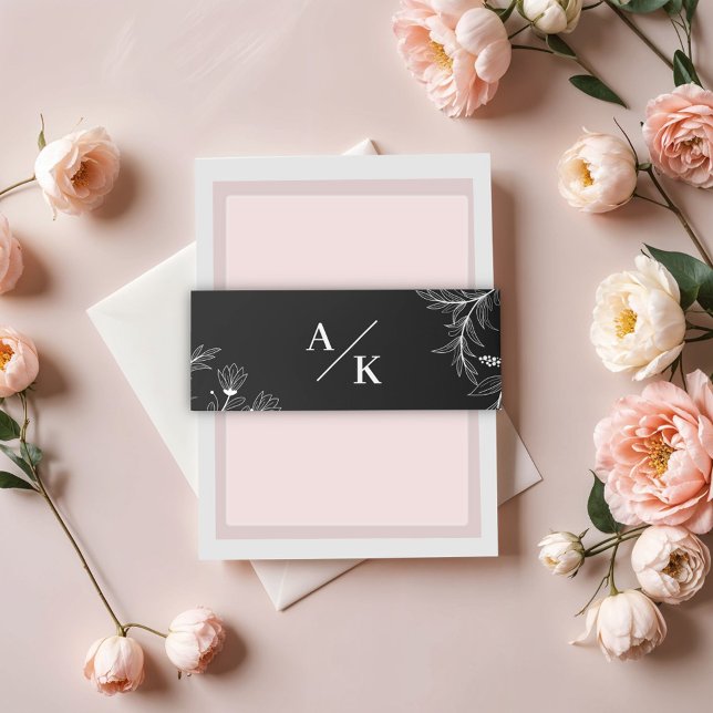Elegant Floral Black and White Wedding Invitation Belly Band (Creator Uploaded)
