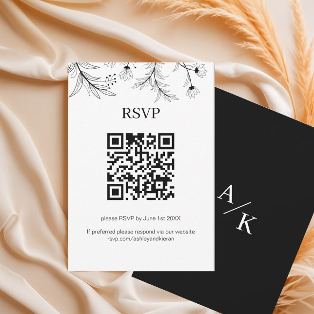Elegant Floral Black and White Wedding QR code RSVP Card (Creator Uploaded)