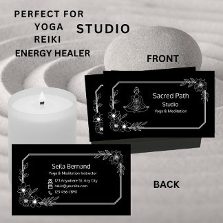 Elegant Floral Black And White Yoga Studio Business Card