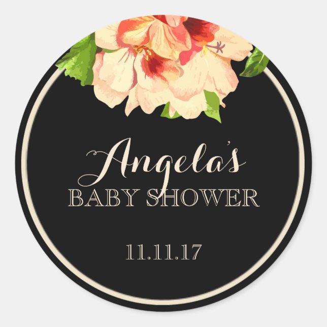 Elegant Floral & Black Baby Shower Gift Favours Classic Round Sticker (Front)