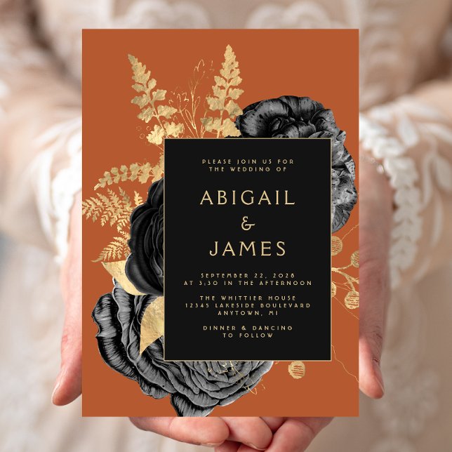 Elegant Floral Black Burnt Orange Gold Wedding Invitation (Creator Uploaded)
