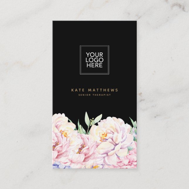 Elegant Floral Black Business Card with QR code  (Front)