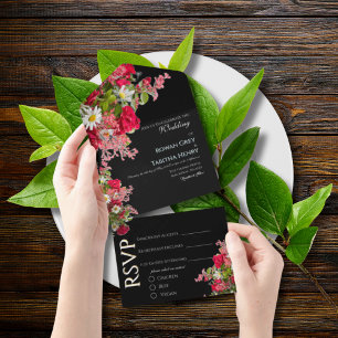 Elegant Floral Black & Colourful Wedding Invitatio All In One Invitation