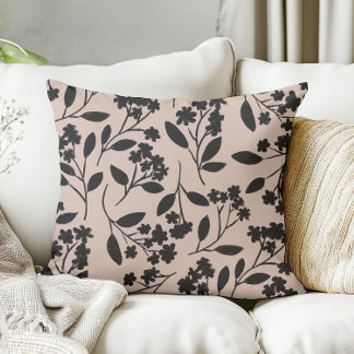 Elegant Floral Black Flowers on Dusty Pink Cushion